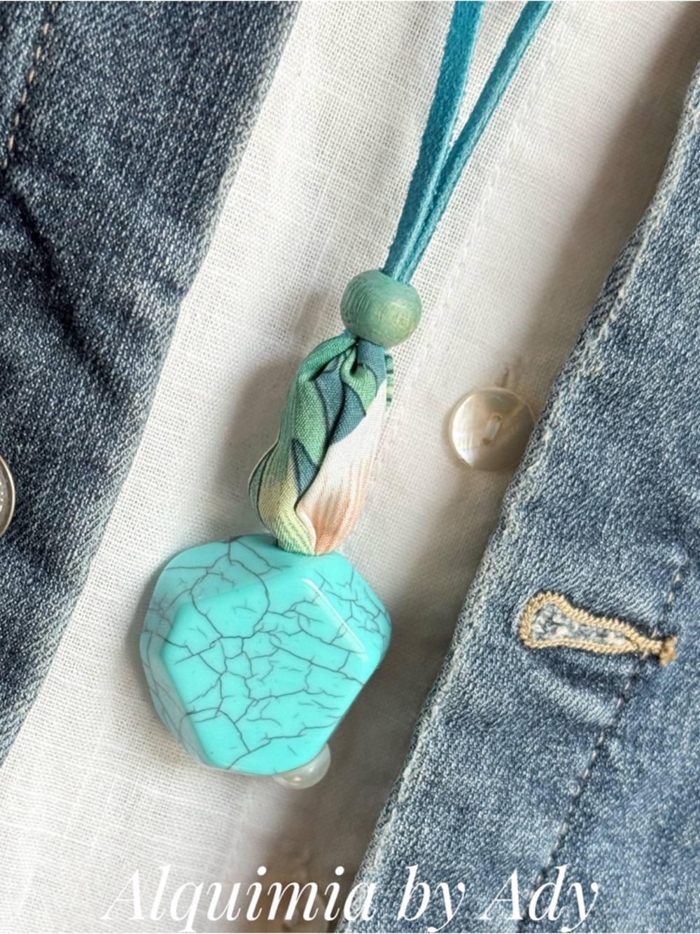 Exaggerated Turquoise acrylic Pendant Necklace with Teal Suede Cord - Picture 2 of 9